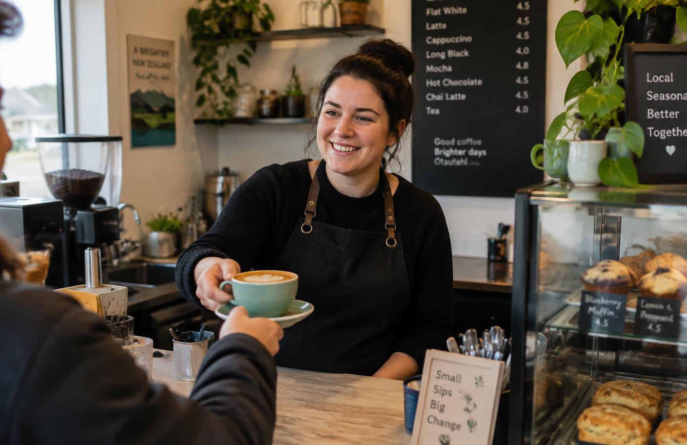 A local cafe owner handing over a coffee