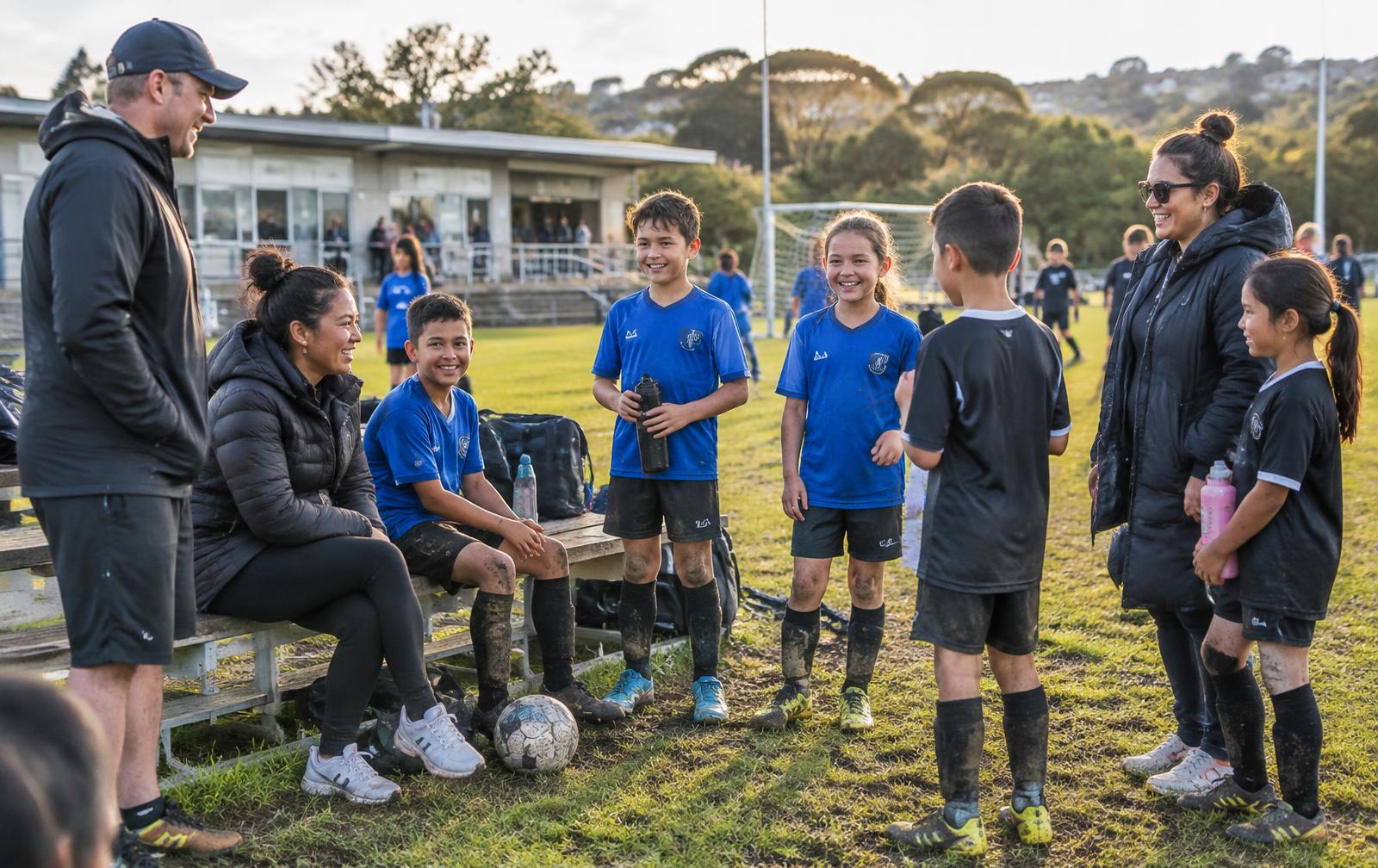 Junior football players, families and volunteers together beside their local club pitch
